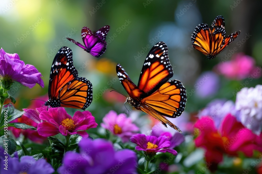 Naklejka premium Colorful butterflies flutter among blooming flowers in a vibrant garden