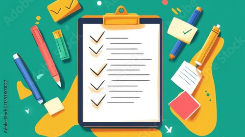Illustration of a clipboard with checkboxes and sticky notes, colored markers around, habit formation theme generative ai