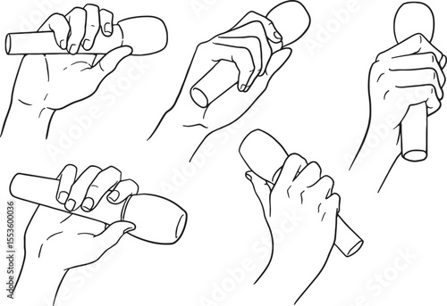 Set of five line art illustrations of hands holding a microphone in various grips and angles. This simple and clean design is perfect for topics related to public speaking, singing, presentations.