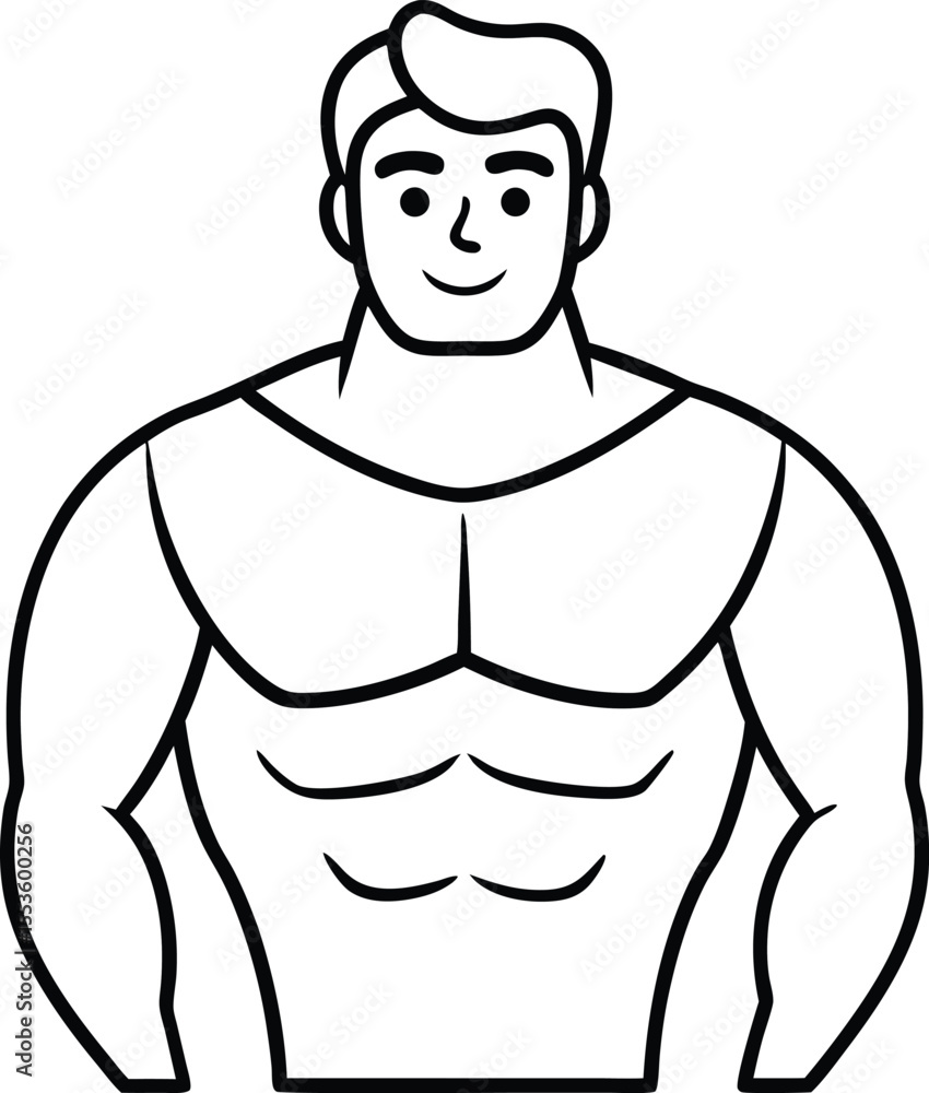 Fototapeta premium Muscular Man Cartoon Outline Strong Bodybuilder Fitness Icon Graphic male