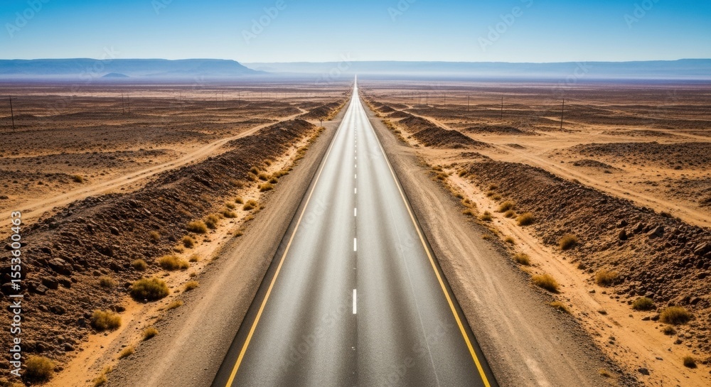 Fototapeta premium Endless desert highway under clear blue sky in barren landscape