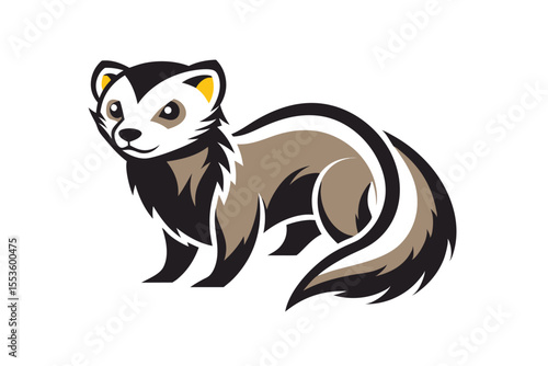 Black and white weasel stands attentively, showcasing its distinctive markings and alert posture