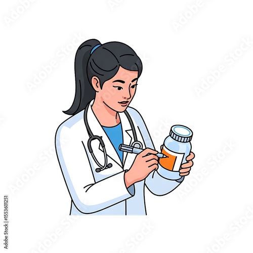 Female doctor icon preparing medicine for patient care.