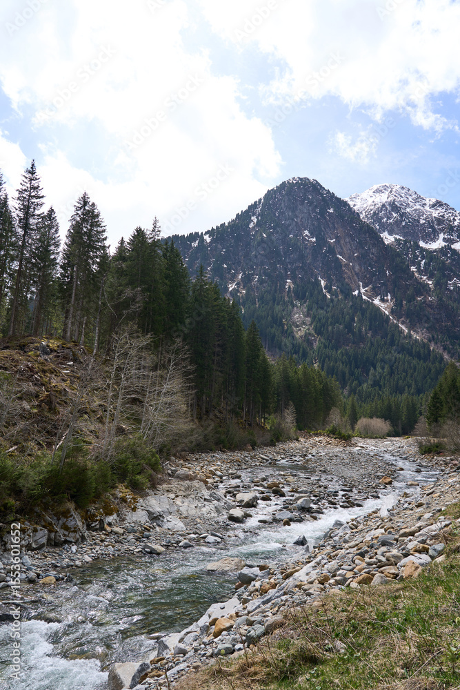 Fototapeta premium Neustift im Stubaital, Austria - April 20, 2025 - WildeWasserWeg in the Stubai Valley at Easter time
