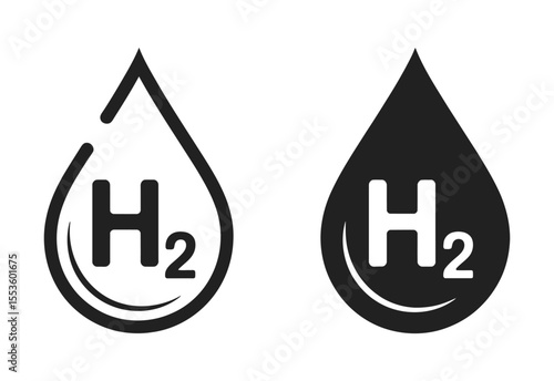 Two icons of the chemical symbol for hydrogen h2 within a water drop shape