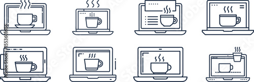 Laptop Icons with Coffee Cup Illustrations and Steam