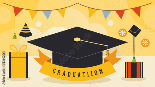 graduation ceremony academic achievement celebration with cap books banner