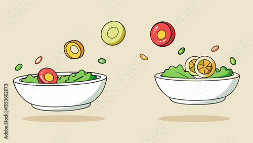 animated salad bowls tossing ingredients fresh vegetables cooking illustration