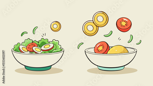 healthy salad bowls fresh vegetables nutrition diet illustration design.