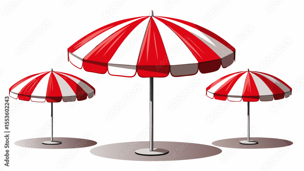 three beach umbrellas, one large and two smaller, with alternating red and white stripes, casting shadows isolated on a white background three beach umbrellas, one large and two smaller, with alternating red and white stripes, casting shadows isolated on a white background