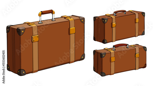 vintage brown suitcases for travel and luggage isolated on white background.