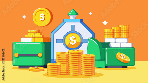 house with money stacks coins and cash financial wealth real estate investment illustration