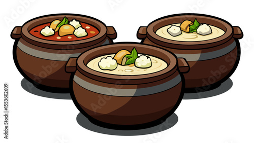three traditional clay cooking pots with lids containing colorful stews and dishes