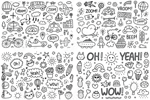 Doodle Illustrations of Vehicles, Objects, and Exclamations