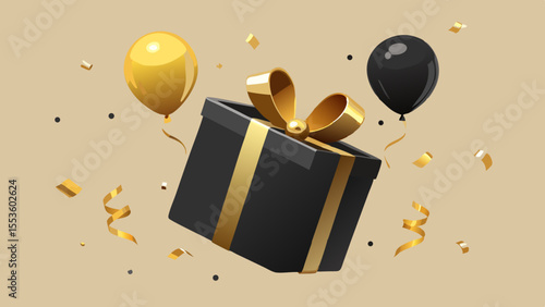 floating black gift box with gold ribbon balloons and confetti celebration scene