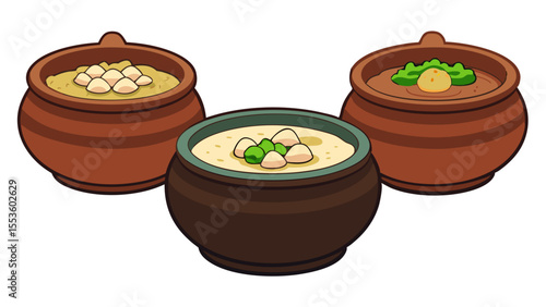  traditional clay ceramic bowls with colorful food dishes rustic cooking vessels isolated on white background.