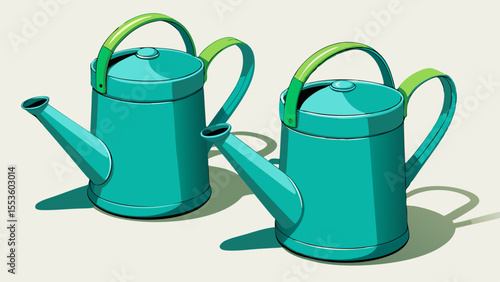 two turquoise watering cans with spouts gardening plant care illustration design.