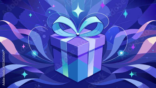 vibrant illustration of a purple and light blue gift box with a light blue bow surrounded by swirling dark blue and purple abstract elements and sparkling lights