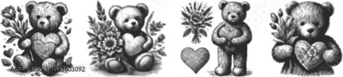Halftone stipple bundle design featuring black engraving of teddy bear holding floral heart, detailed vintage stippled illustration, cute cuddly toy with intricate dot pattern art, perfect  