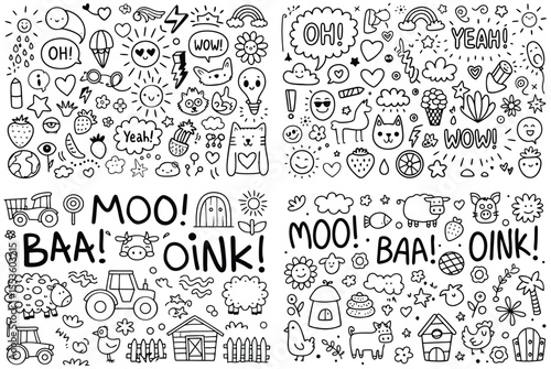 Doodle Art Farm Animals and Whimsical Elements illustration