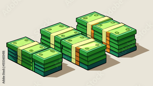 multiple stacks of green cash money with yellow bands financial wealth illustration design.