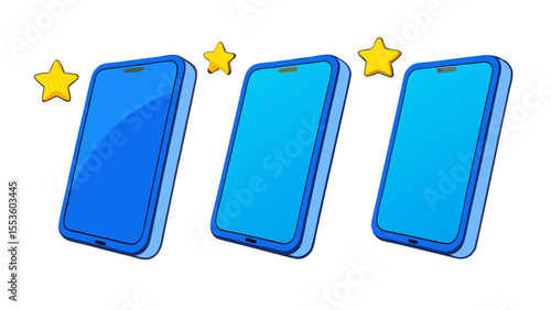 three blue smartphones with yellow star ratings illustration  design. 