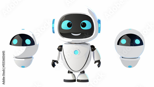 three cute white and blue AI robots with different poses and expressions 