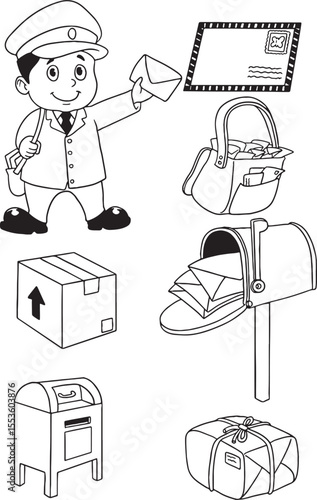 Black and white illustration of a postman, mailbox, letters, parcels, and a mailbag. This vector clipart is perfect for coloring books, kids' activities, or any postal-themed design.