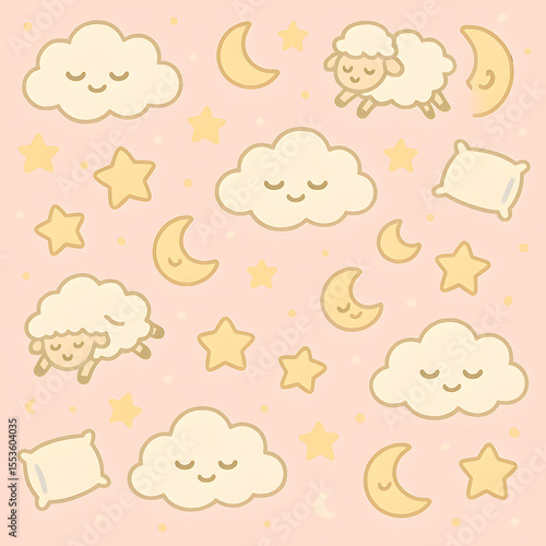 Cute cartoon sheep, clouds, moons, and stars on a pastel pink background, perfect for a bedtime pattern.