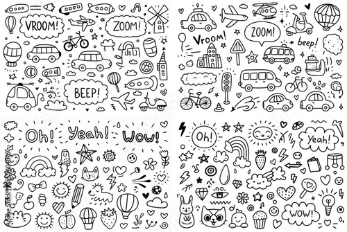 Black and White Doodle Collection of Vehicles, Objects, and Exclamations