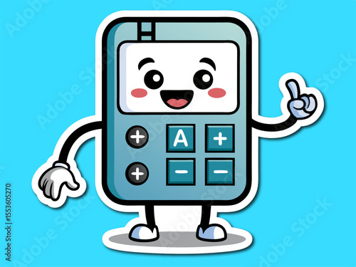 Cartoon Calculator Character with a Cheerful Expression and Pointing Finger on a Blue Background