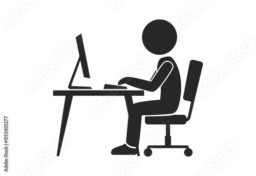 Person sitting at a desk working on a computer in a simple black and white illustration