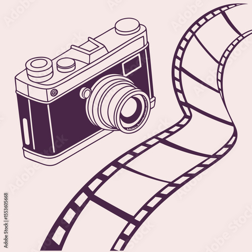 Vintage camera and film strip illustration in purple and white with a retro aesthetic look and feel