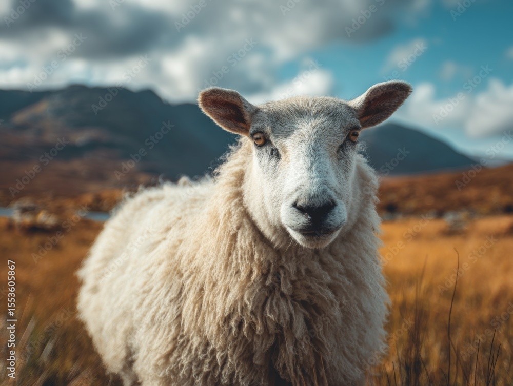 Fototapeta premium A close-up realistic photo of a white sheep in a grassy field with natural sunlight, mountains and clouds blurred in background