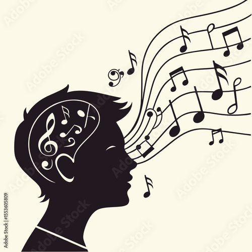 Silhouette of a person with musical notes coming from their mouth and inside their head illustration