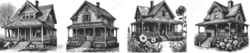 Halftone stipple engraving bundle of house with porch and gable roof detailed black vector design, vintage architectural illustration, rustic home facade, textured dotted effect, classic engraving sty
