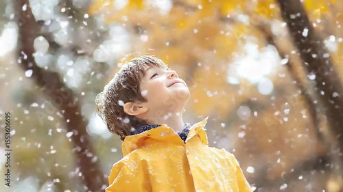 Young child looking upwards during falling precipitation in autumn forest