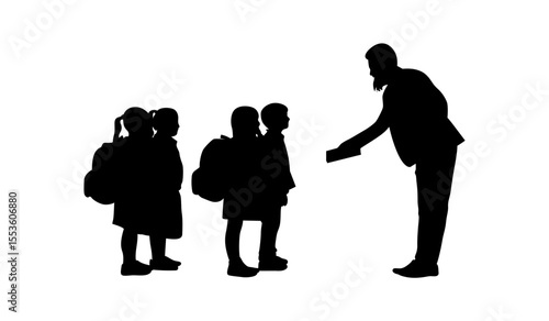 A silhouette image depicts a teacher and three children at a school dismissal.