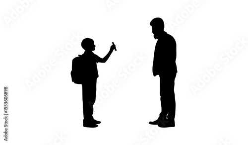 silhouette, child, boy, kid, student, backpack, pen, adult, man, teacher, parent, offering, giving, receiving, communication, education, school, classroom, conflict, problem, solution, neutral, black 