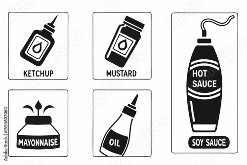 Bottles of various sauces isolated on white background in black and white