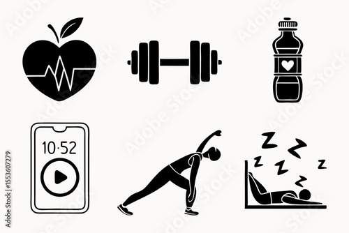 Fitness icons including apple dumbbell water bottle and yoga pose