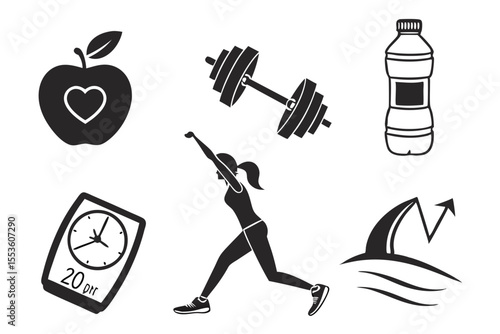 Fitness icons including apple dumbbell water bottle and woman exercising