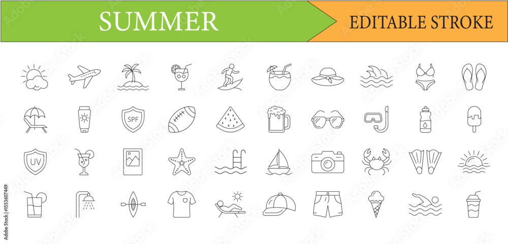 Fototapeta premium Summer Vacation Icons Collection Editable Stroke Vector Illustration Ideal for Travel Marketing and Design Projects related to the summer season