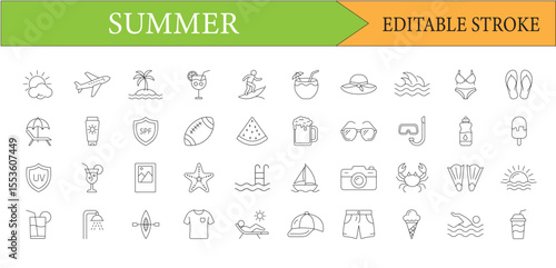 Summer Vacation Icons Collection Editable Stroke Vector Illustration Ideal for Travel Marketing and Design Projects related to the summer season