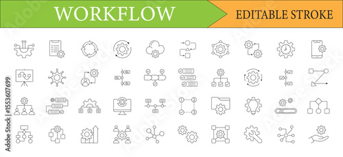 Workflow and Automation Icon Set Thin Line Style Depicting Business Process Management and Task Management System Outline