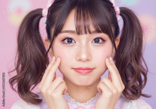 笑顔で両頬を指で押さえる可愛いツインテールの若い女性