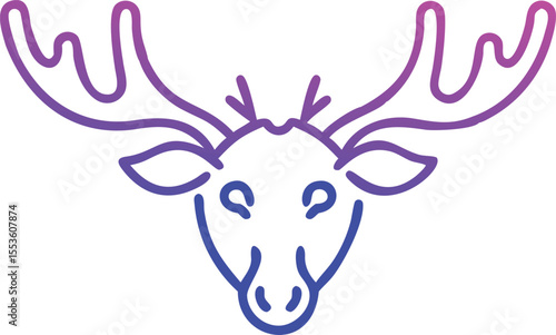 Bold cartoon deer head with large brown antlers stares intensely ahead on a white backdrop