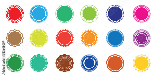 Colorful starburst badge set, blank circular vector labels, sunburst, zigzag, scalloped seal shapes for stickers and design