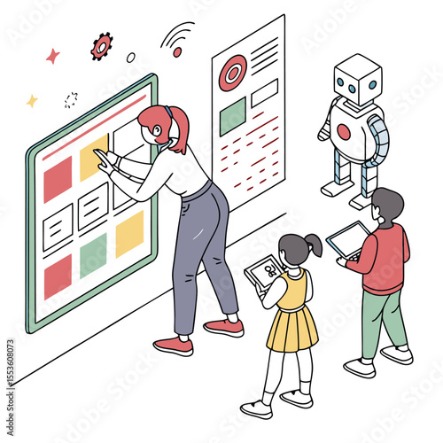 Team working on a digital interface with a robot and tablets in a modern collaborative environment