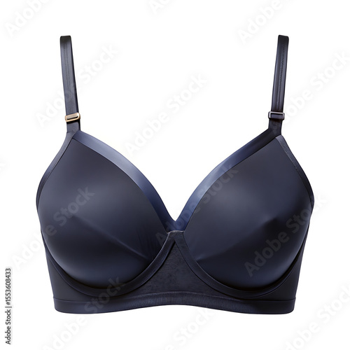 A dark blue full coverage bra is isolated on white background